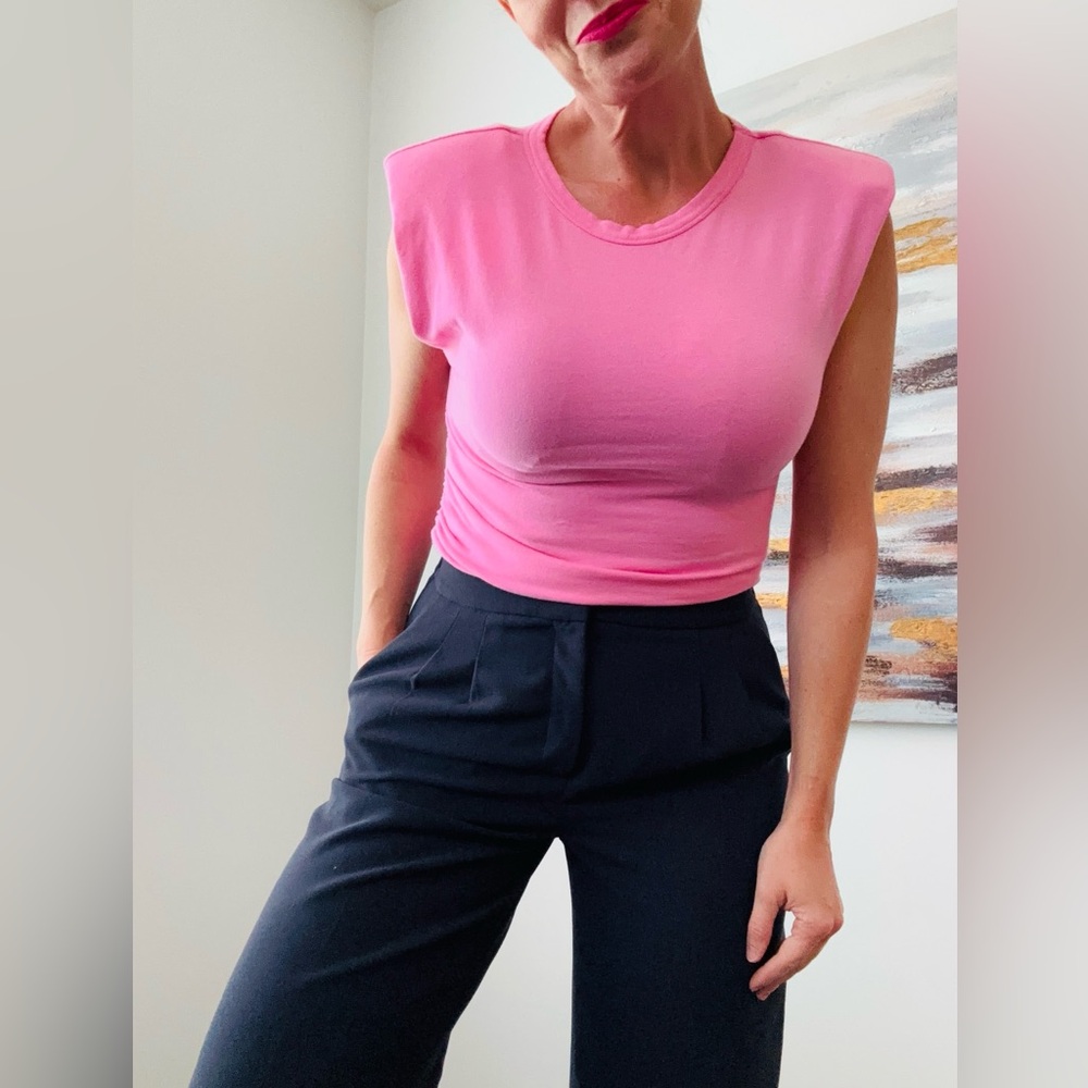 ZARA Pink Padded Shoulder Ruched Side Muscle Tee Medium